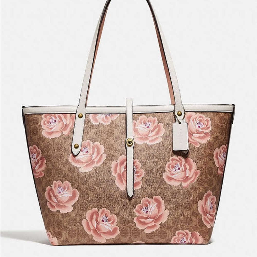 Coach LG Tan/Chalk Leather Market Tote In Signature Rose Print NWT MSRP: $448.00